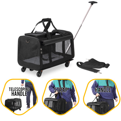 Pet Carrier with Detachable Wheels for Small and Medium Dogs & Cats - Black