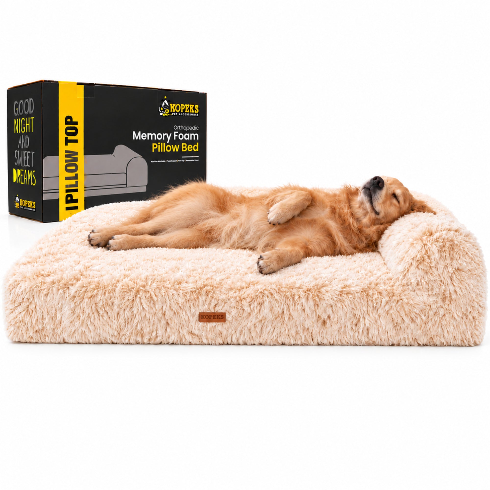Orthopedic Memory Foam Bed With Pillow Plush Fluffy Light Brown - Extra Large