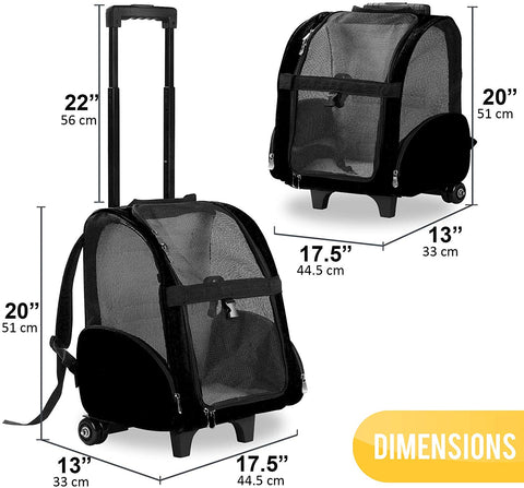 Deluxe Backpack Pet Travel Carrier with Wheels - Approved by Most Airlines - Black