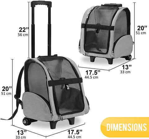 Deluxe Backpack Pet Travel Carrier with Wheels - Approved by Most Airlines - Grey