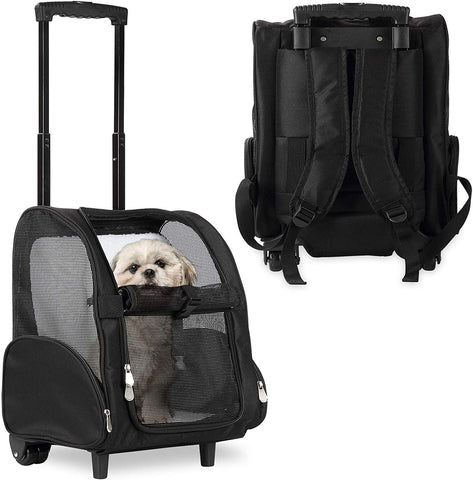 Deluxe Backpack Pet Travel Carrier with Wheels - Approved by Most Airlines - Black