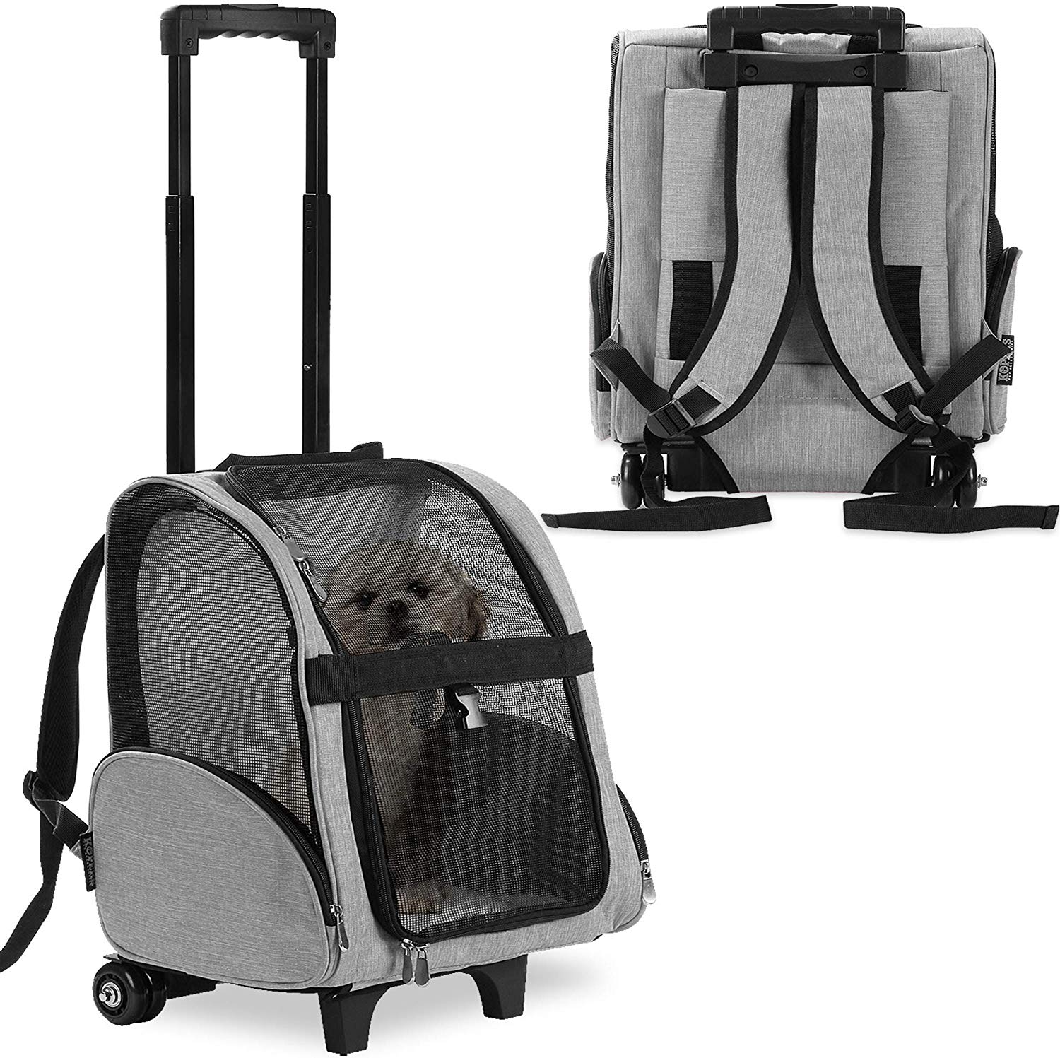 Deluxe Backpack Pet Travel Carrier with Wheels Approved by Most Airlines Grey