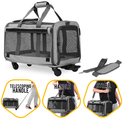 Pet Carrier with Detachable Wheels for Small and Medium Dogs & Cats - Grey