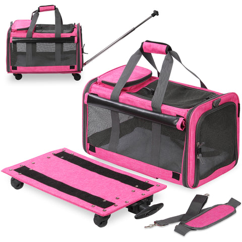 Pet Carrier with Detachable Wheels for Small and Medium Dogs & Cats - Pink