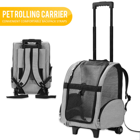 Deluxe Backpack Pet Travel Carrier with Wheels - Approved by Most Airlines - Grey