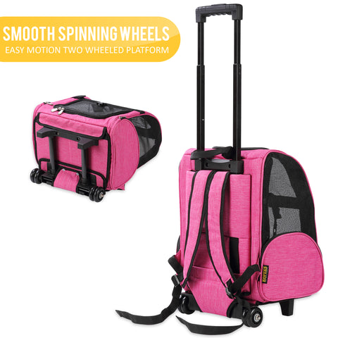 Deluxe Backpack Pet Travel Carrier with Wheels - Approved by Most Airlines - Pink