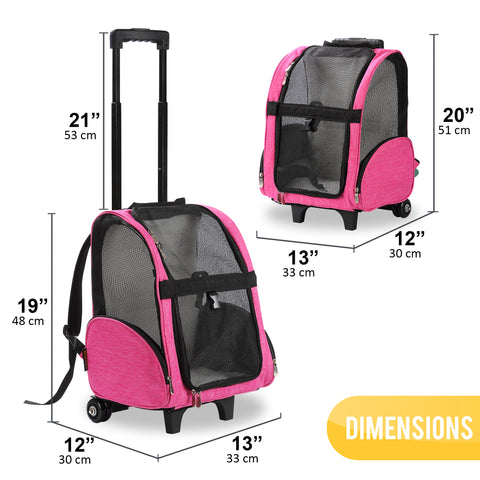 Deluxe Backpack Pet Travel Carrier with Wheels - Approved by Most Airlines - Pink