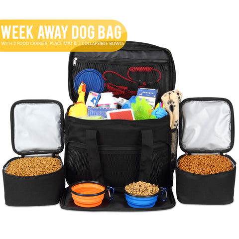 Cat and Dog Travel Bag - Airline Approved - Includes 2 Food Carriers, 2 Bowls & Place Mat - Black