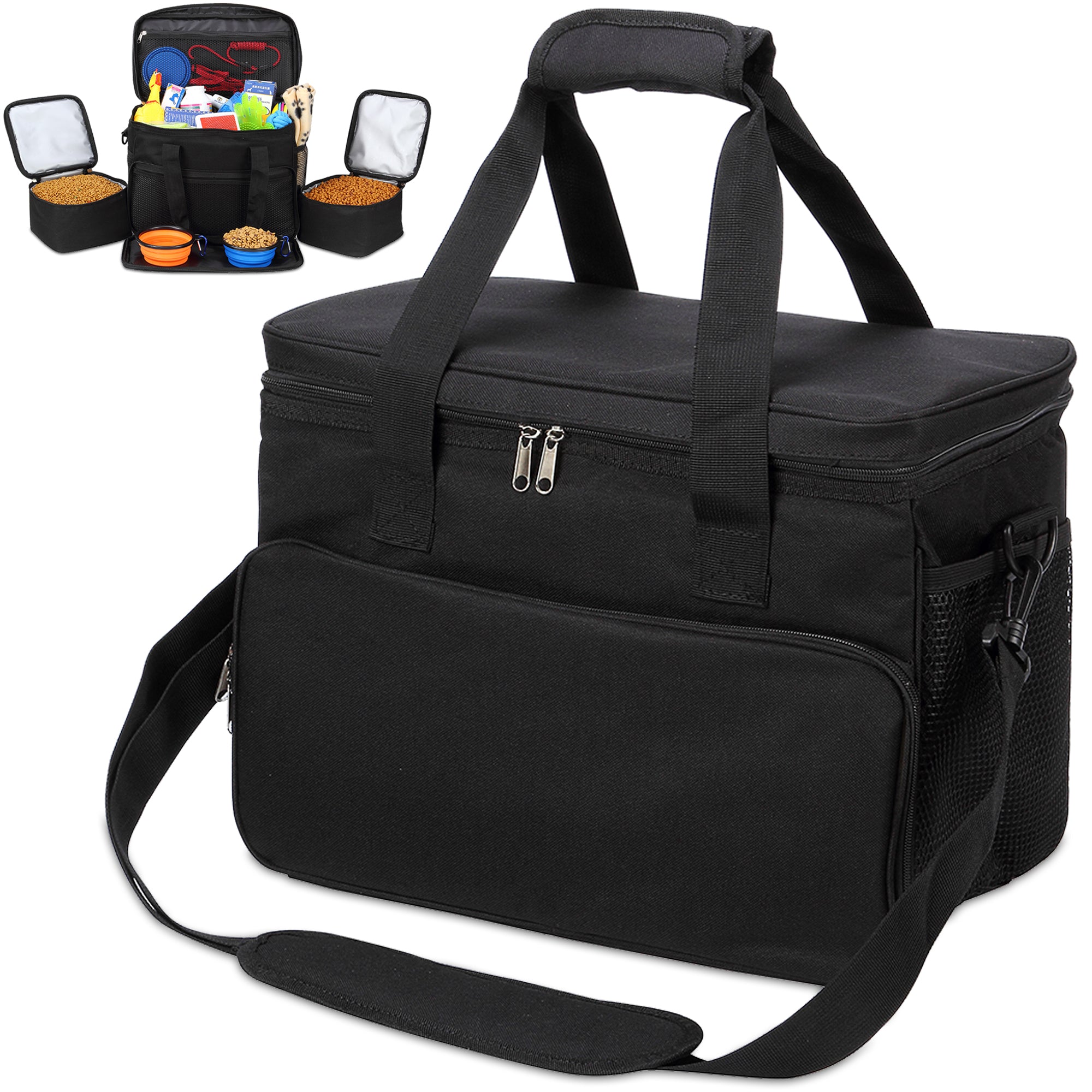 Cat and Dog Travel Bag - Airline Approved - Includes 2 Food Carriers, 2 Bowls & Place Mat - Black