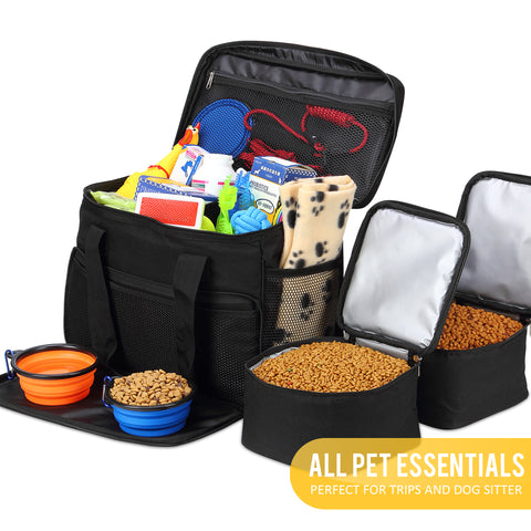 Cat and Dog Travel Bag - Airline Approved - Includes 2 Food Carriers, 2 Bowls & Place Mat - Black